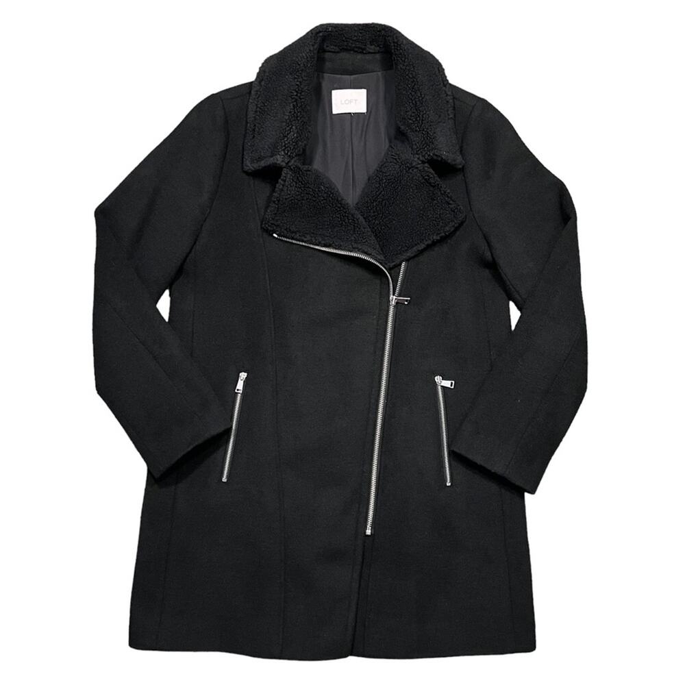 LOFT Moto Asymmetrical Black Wool Blend Faux Fur Peacoat Jacket Womens Size MED